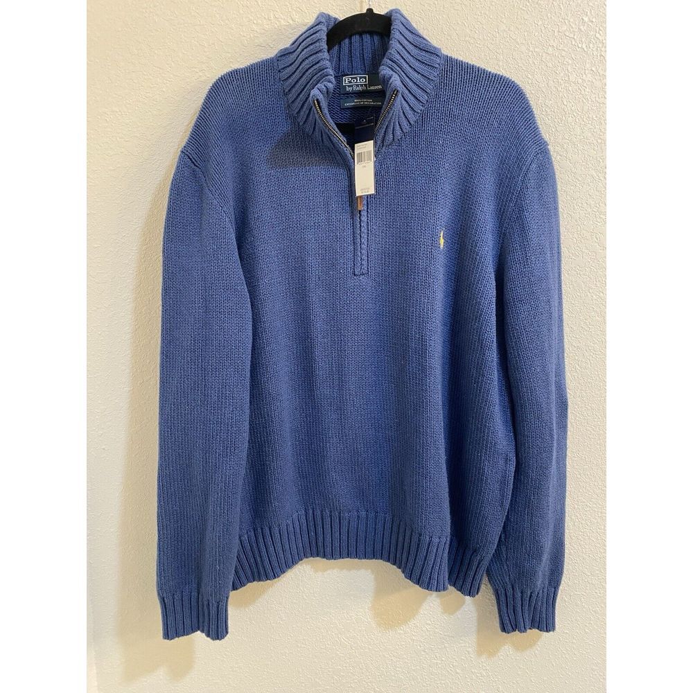 NWT Polo Ralph Lauren Mens 2XL 1/4 Zip Knit Pullover Sweater Blue Mock Neck Pony